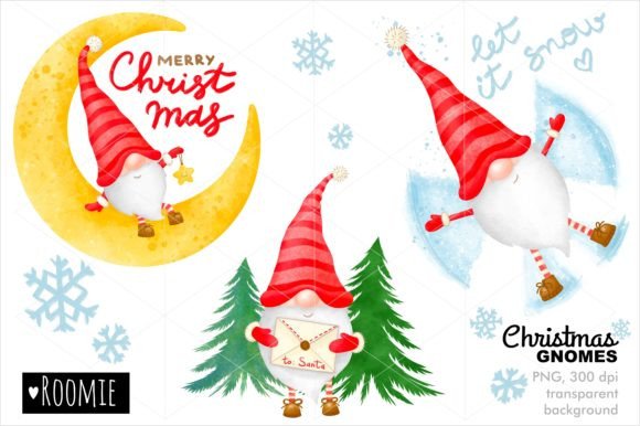 Christmas Gnomes PNG Watercolor Clipart & Illustrations