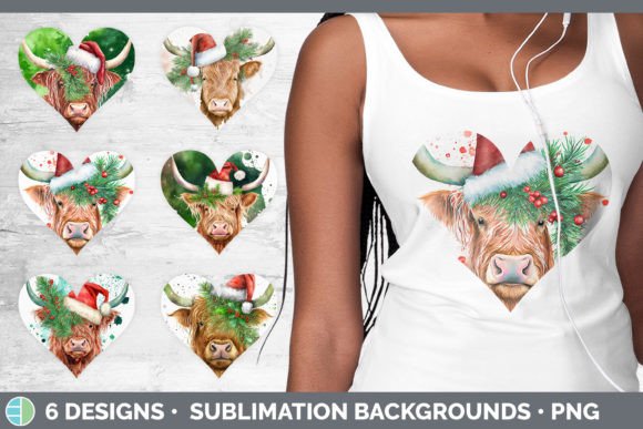 Christmas Highland Cow Hearts Clipart & Illustrations