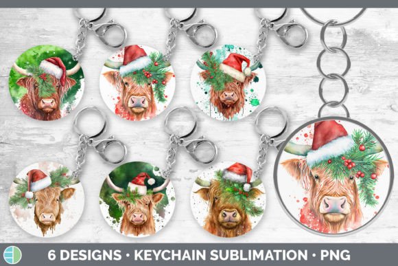 Christmas Highland Cow Keychain Bundle: Festive Illustrations