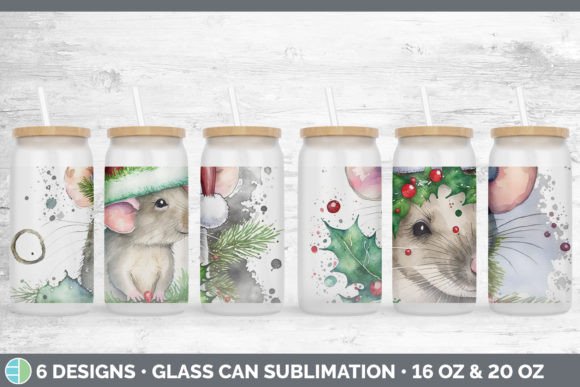 Christmas Mouse Glass Can Sublimation: Festive Illustrations