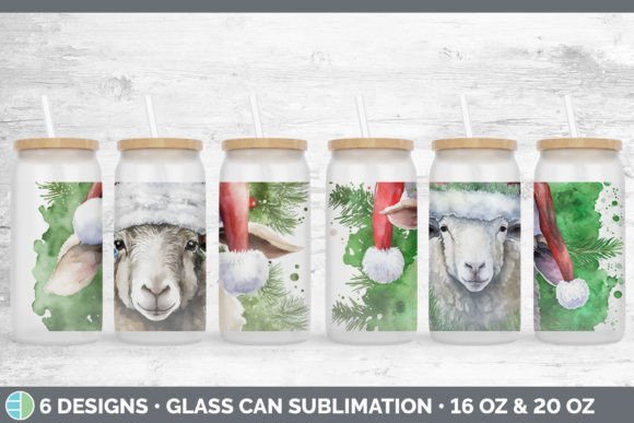 Christmas Sheep Glass Can Sublimation: Festive Illustrations