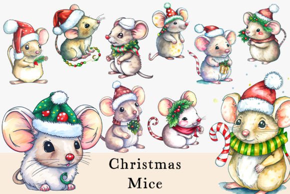 Christmas Watercolor Mouse Cliparts: Festive Illustrations