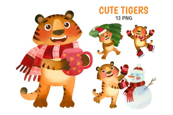 Cute Tigers, Christmas Clipart PNG: Festive Illustrations