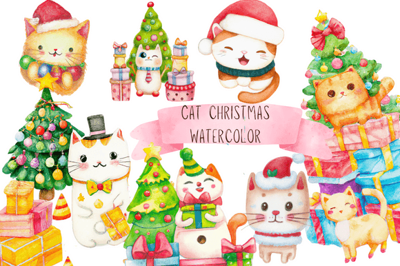 Watercolor Cat Christmas Clipart Santa & Illustrations
